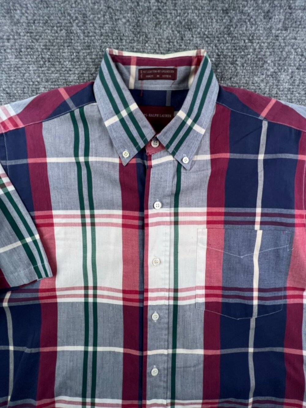 Chaps Ralph Lauren Shirt Mens Large Short Sleeve Button Up Plaid Red Blue Adult